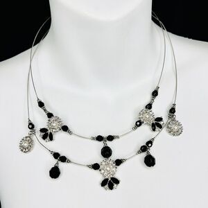 Ruby Rd. Two Strand Wire Layered Rhinestone Necklace Silver Black Tone 4448